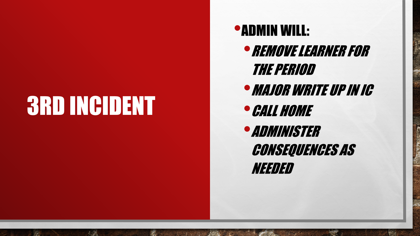 Admin will: Remove learner Major write up in IC Call home Administer consequences as needed